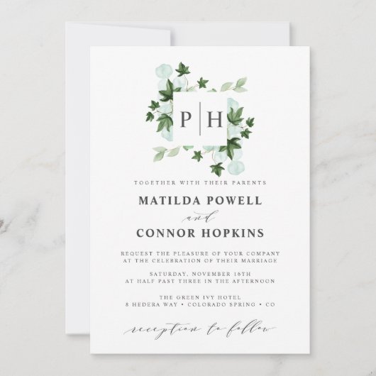 Invitation Hedera Monogram | Ivy Eucalyptus Mariage botanique (Devant)