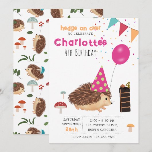 Invitation Hedgehog Mushroom Woodland Forest Balloon Birthday (Devant / Derrière)