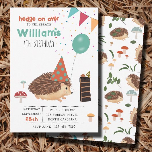 Invitation Hedgehog Mushroom Woodland Forest Balloon Birthday
