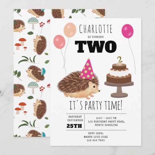 Invitation Hedgehog Mushroom Woodland Forest Funny Birthday (Devant / Derrière)