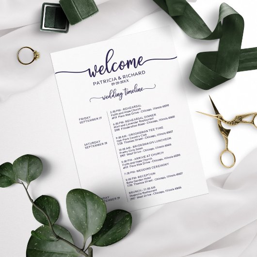 Invitation Heekend Mariage Horaire Elegant Chic Navy Bleu