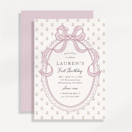 Invitation Heirloom Pink Bow Floral Pattern First Birthday In