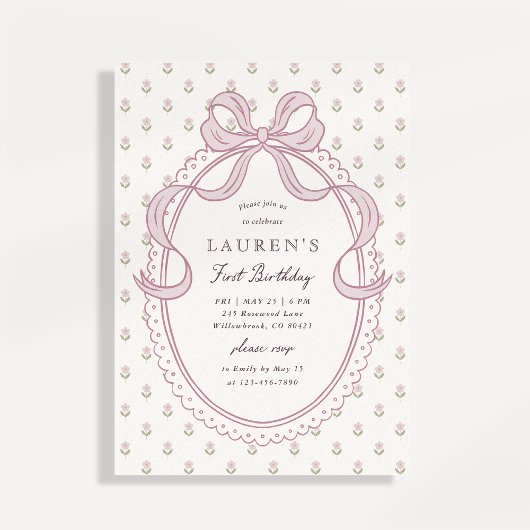 Invitation Heirloom Pink Bow Floral Pattern First Birthday In