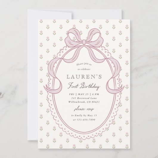 Invitation Heirloom Pink Bow Floral Pattern First Birthday In (Devant)