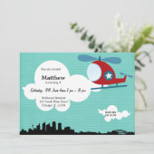 Invitation Hélicoptère thème d'anniversaire (bleu) (Debout devant)