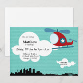 Invitation Hélicoptère thème d'anniversaire (bleu) (Devant / Derrière)