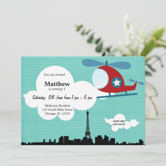 Invitation Hélicoptère thème d'anniversaire (bleu) (Debout devant)