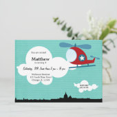 Invitation Hélicoptère thème d'anniversaire (bleu) (Debout devant)