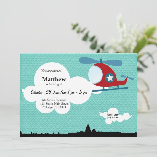 Invitation Hélicoptère thème d'anniversaire (bleu) (Debout devant)