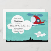 Invitation Hélicoptère thème d'anniversaire (bleu) (Devant / Derrière)
