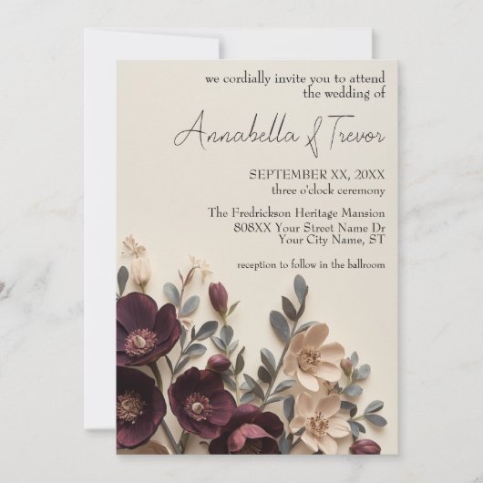 Invitation Hellebores Prune Foncé & Floral Maussade Eucalyptu (Devant)