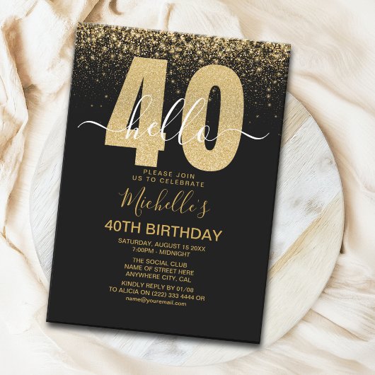 Invitation Hello 40! modern 40th birthday with gold glitter