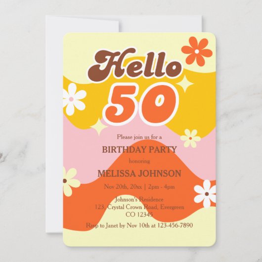 Invitation Hello 50 Retro Wave Groovy Flower Birthday  (Devant)