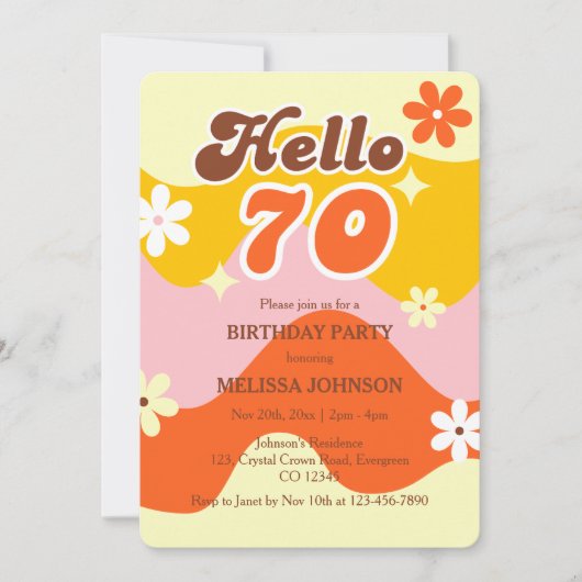 Invitation Hello 70 Retro Wave Groovy Flower Birthday  (Devant)