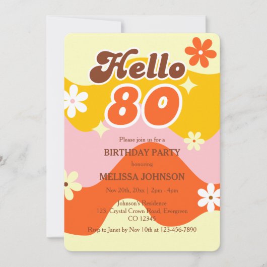 Invitation Hello 80 Retro Wave Groovy Flower Birthday  (Devant)