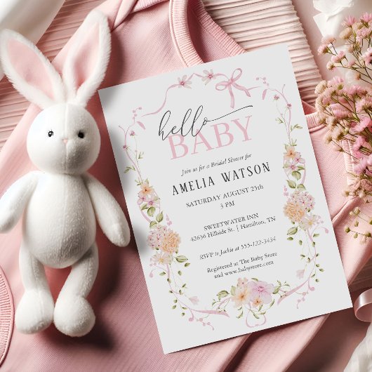 Invitation Hello Baby Blush Pink Floral Pink Bow Baby Shower