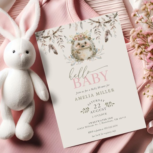 Invitation Hello Baby Boho Hedgehog Girl Baby Shower