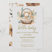 Invitation Hello Baby Boho Neutral Bear Basket (Devant / Derrière)
