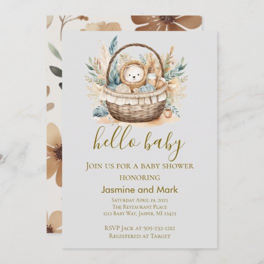 Invitation Hello Baby Boho Neutral Bear Basket (Devant / Derrière)