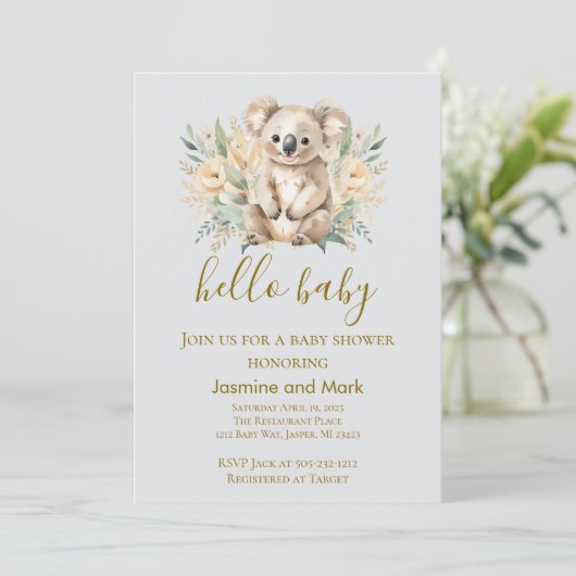 Invitation Hello Baby Boho Neutral Koala Bear (Debout devant)