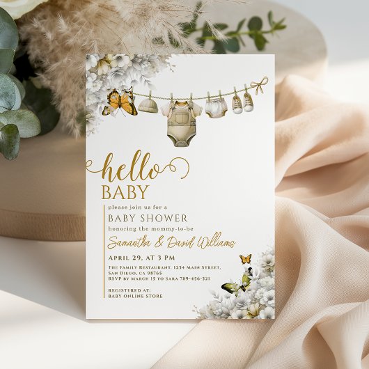 Invitation Hello Baby Botanical Clothes Neutral Baby Shower