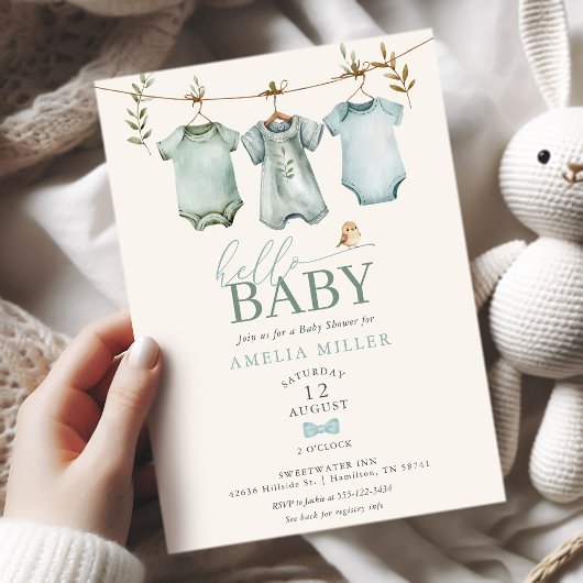 Invitation Hello Baby Boy Clothesline Boho Baby Shower