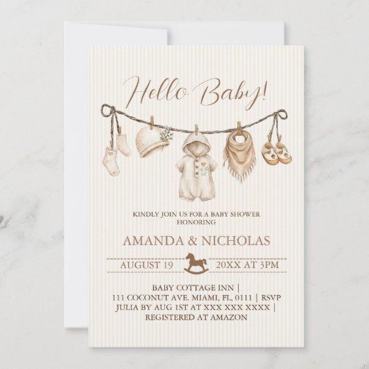 Invitation Hello Baby Clothesline Baby Shower Striped (Devant)