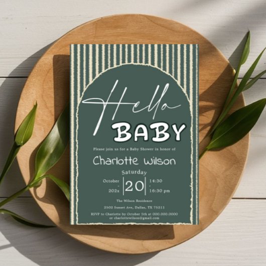 Invitation Hello Baby Dark Green Stripes Baby Shower