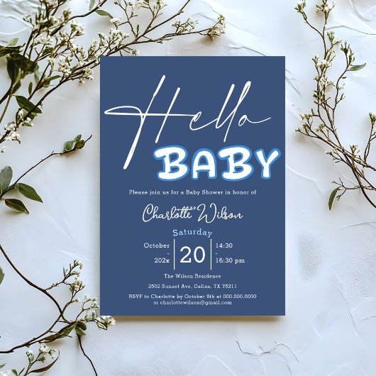 Invitation Hello Baby Elegant Baby shower bleu foncé