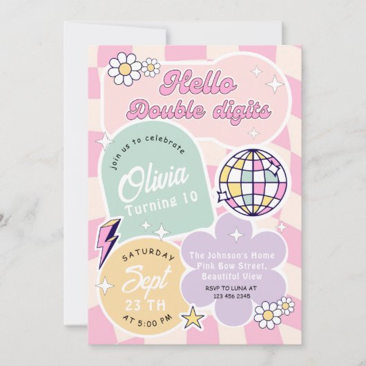 Invitation Hello Double Digits 10th birthday party (Devant)