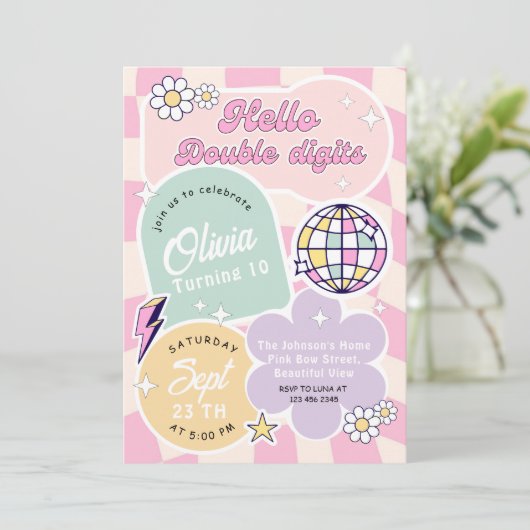 Invitation Hello Double Digits 10th birthday party (Debout devant)