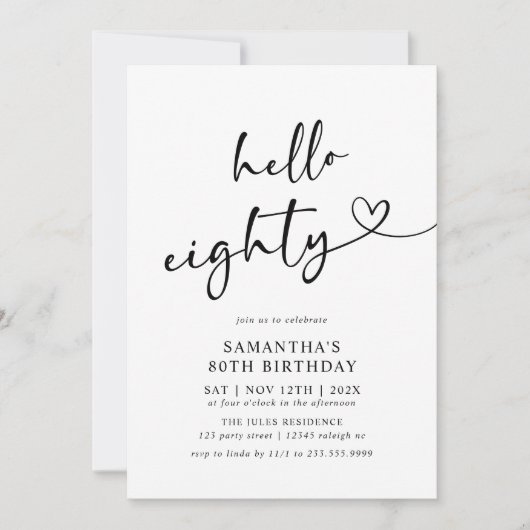 Invitation Hello Eighty Black and White 80th Birthday Party (Devant)
