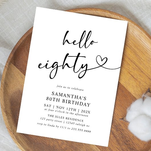 Invitation Hello Eighty Black and White 80th Birthday Party