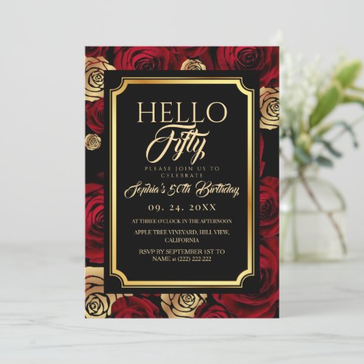Invitation Hello Fifty Black Burgundy Rose Birthday (Debout devant)