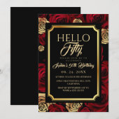 Invitation Hello Fifty Black Burgundy Rose Birthday (Devant / Derrière)