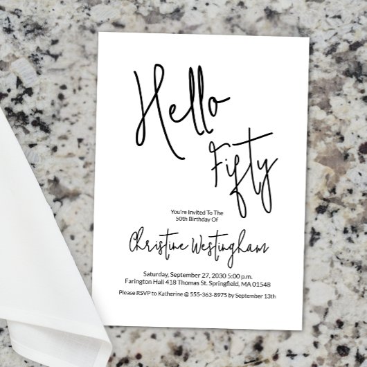 Invitation Hello Fifty Black White Script 50th Birthday