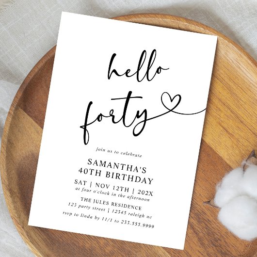 Invitation Hello Forty Black and White 40th Birthday Party