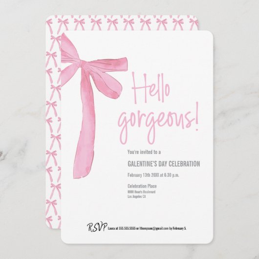Invitation Hello Gorgeous Galentine's Day Pink Ribbon Bow (Devant / Derrière)