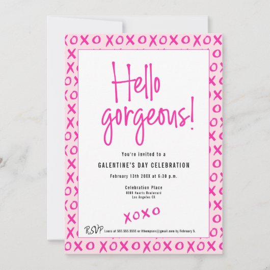 Invitation Hello gorgeous Galentine's Day XOXO pink Custom (Devant)
