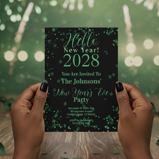 Invitation Hello New Year! New Year's Eve Green Black Sparkle
