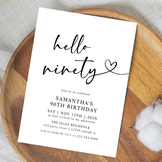 Invitation Hello Ninety Black and White 90th Birthday Party