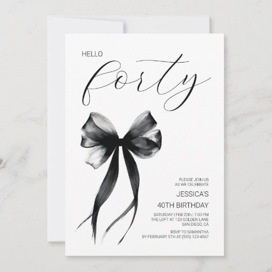 Invitation Hello Quarty Black Bow Elegant 40e fête d'annivers (Devant)