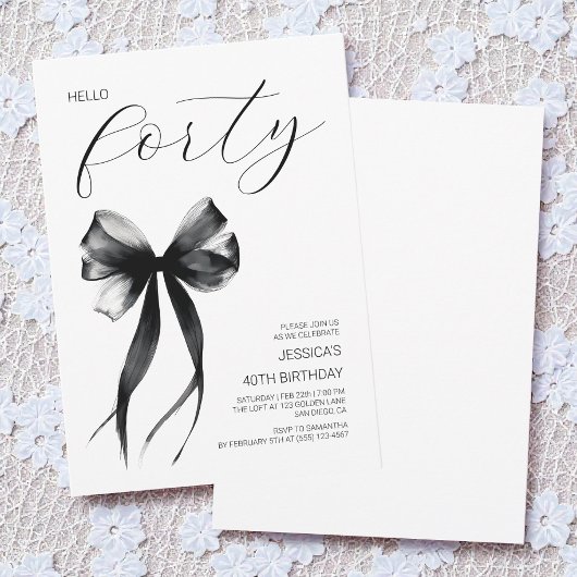 Invitation Hello Quarty Black Bow Elegant 40e fête d'annivers