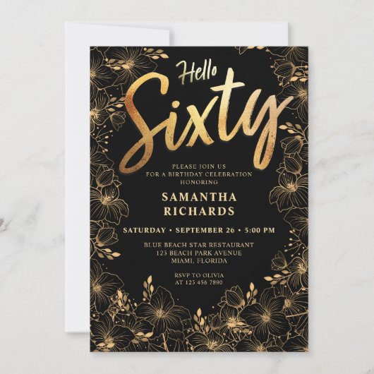 Invitation Hello Sixty Black and Gold Floral 60e anniversaire (Devant)