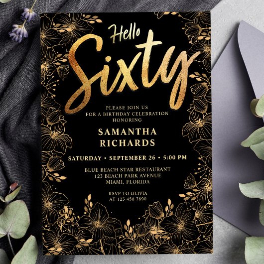 Invitation Hello Sixty Black and Gold Floral 60e anniversaire