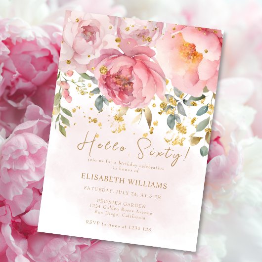 Invitation Hello Sixty Blush Pink Peony 60e anniversaire