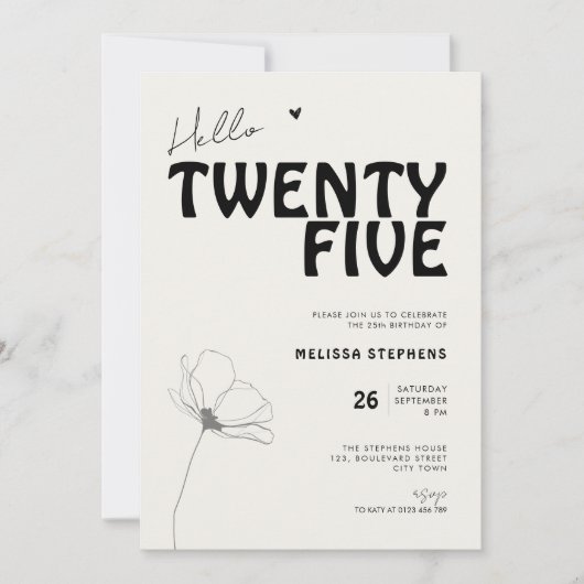 Invitation Hello Twenty Five Bold Typography 25th Birthday (Devant)