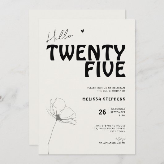 Invitation Hello Twenty Five Bold Typography 25th Birthday (Devant / Derrière)