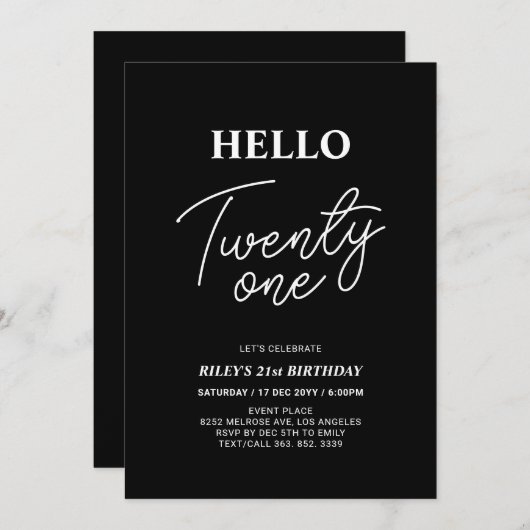 Invitation Hello Twenty one Modern Black 21e fête d'anniversa (Devant / Derrière)
