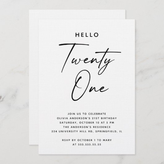 Invitation Hello Twenty One | Modern Script 21st Birthday (Devant / Derrière)